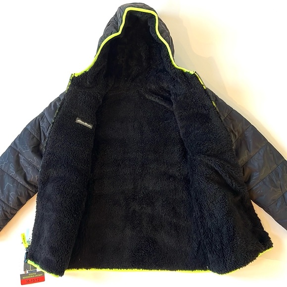 Eddie Bauer Reversible Fuzzy Fleece Jacket Black Neon Yellow Trim Medium 10-12 - Picture 7 of 15
